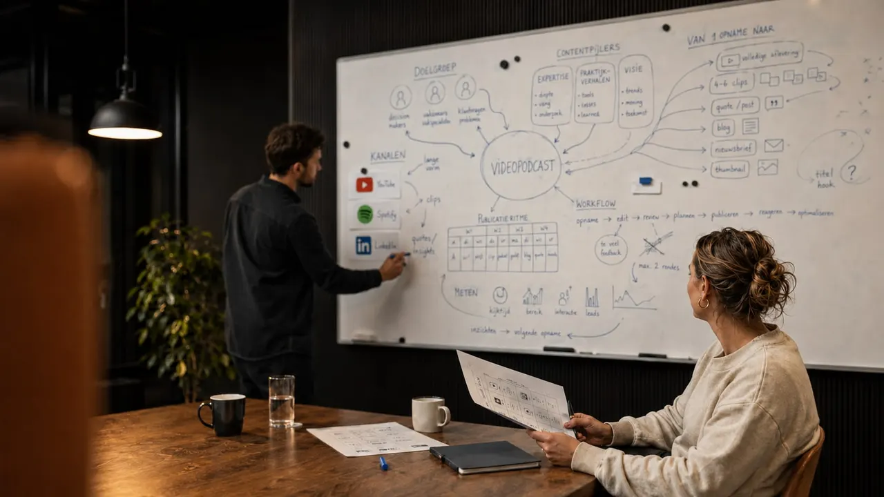 Whiteboard met het distributieplan: kanalen, publicatieritme en clips per aflevering, uitgewerkt met twee mensen erbij.