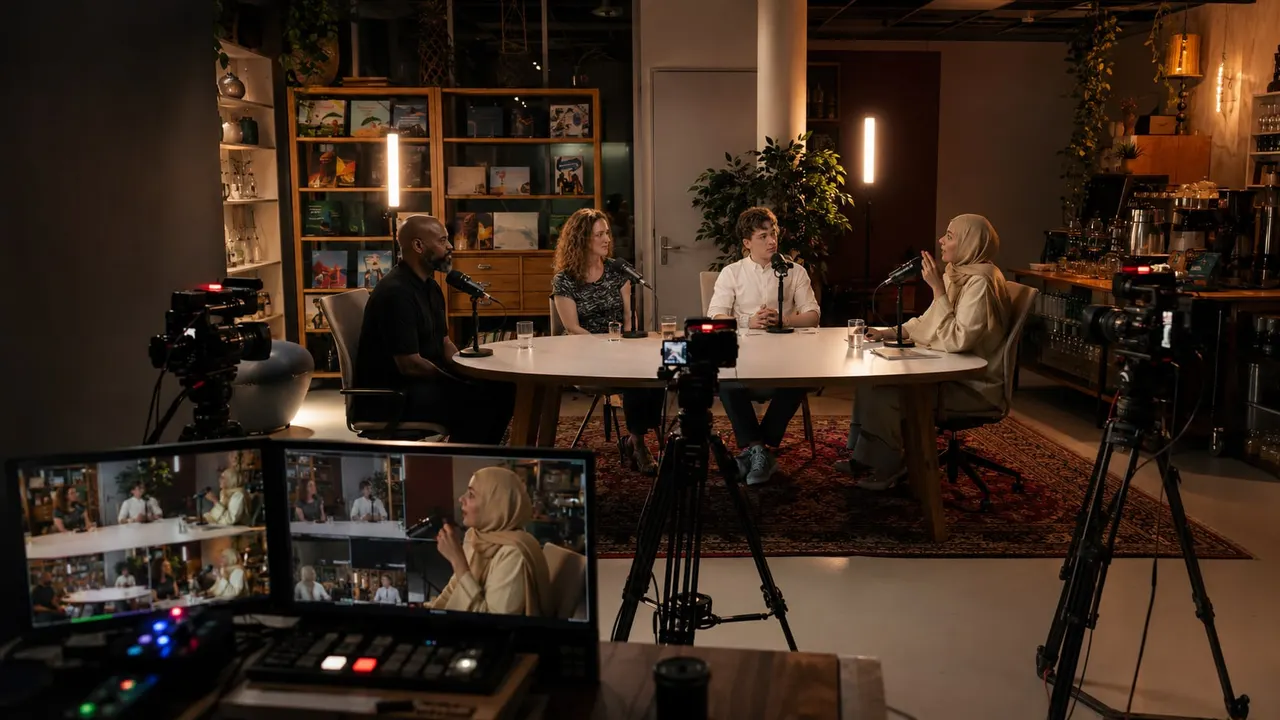 Live-opstelling met vier gasten aan tafel, camera's op statief en een regiemonitor met beeldmengpaneel op de voorgrond.