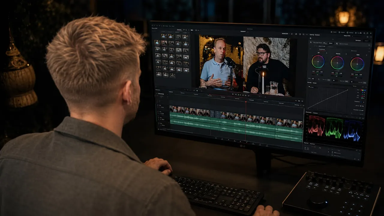 Editor achter een montagescherm met tijdlijn, kleurwielen en twee podcastgasten in beeld tijdens de nabewerking.