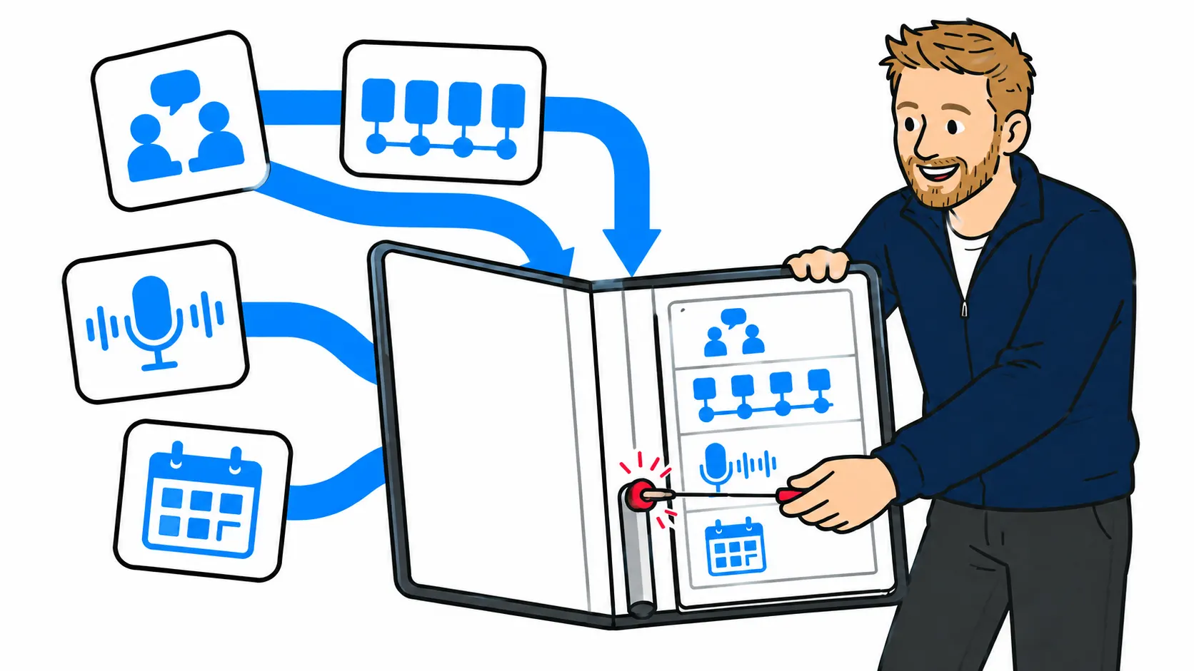 Jesse presenteert een uitgewerkt podcastformat met rubrieken en planning.
