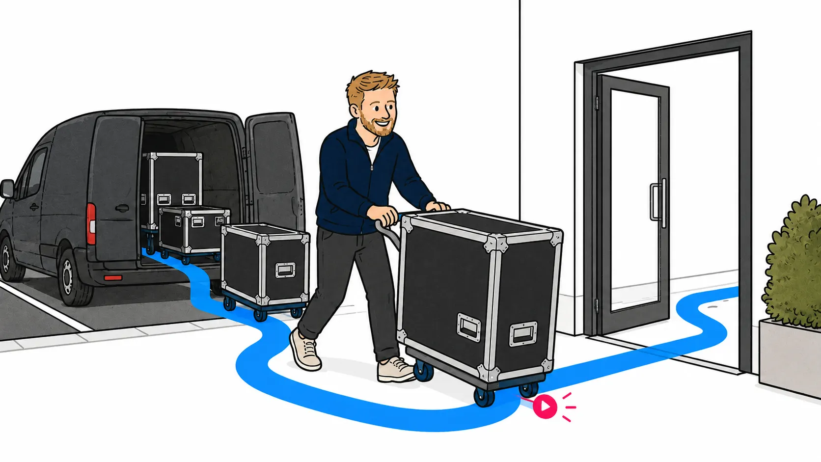 Jesse brengt opnameapparatuur in flightcases vanuit de bus naar binnen.