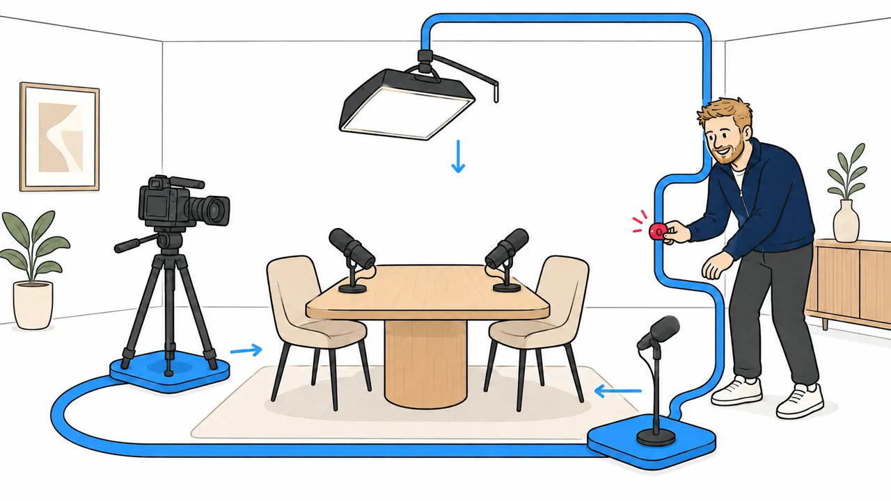 Jesse bouwt camera's, microfoons en verlichting op rond de podcasttafel.