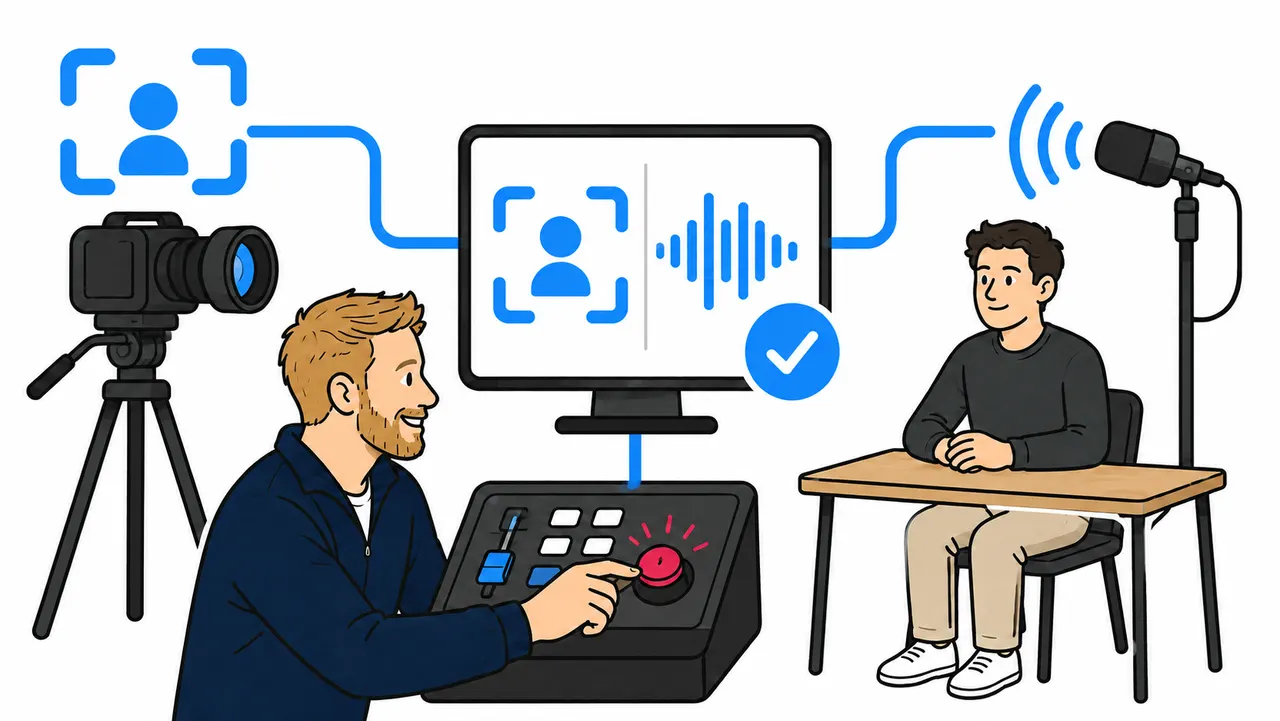 Jesse test beeld en geluid met een gast aan de podcasttafel.