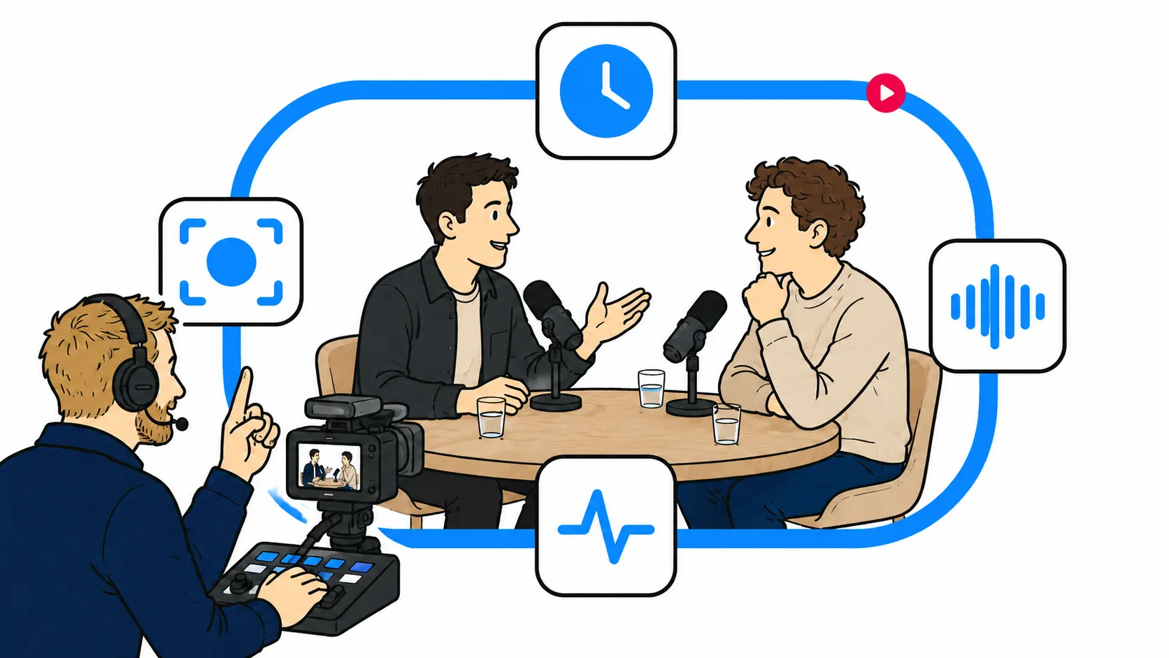 Jesse regisseert de videopodcast terwijl twee gasten in gesprek zijn.