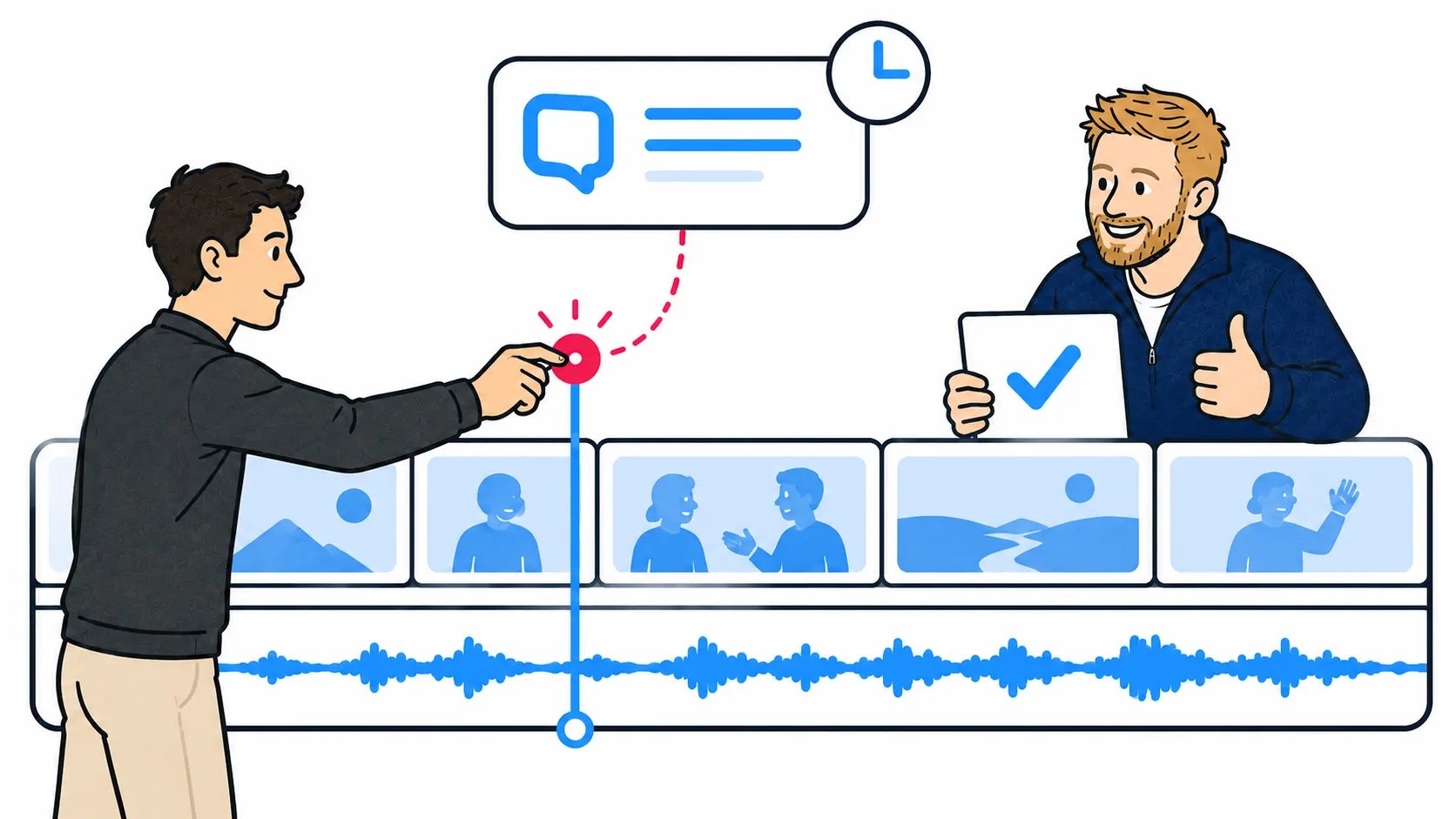 Een opdrachtgever geeft feedback op een specifieke tijdcode in de videomontage.