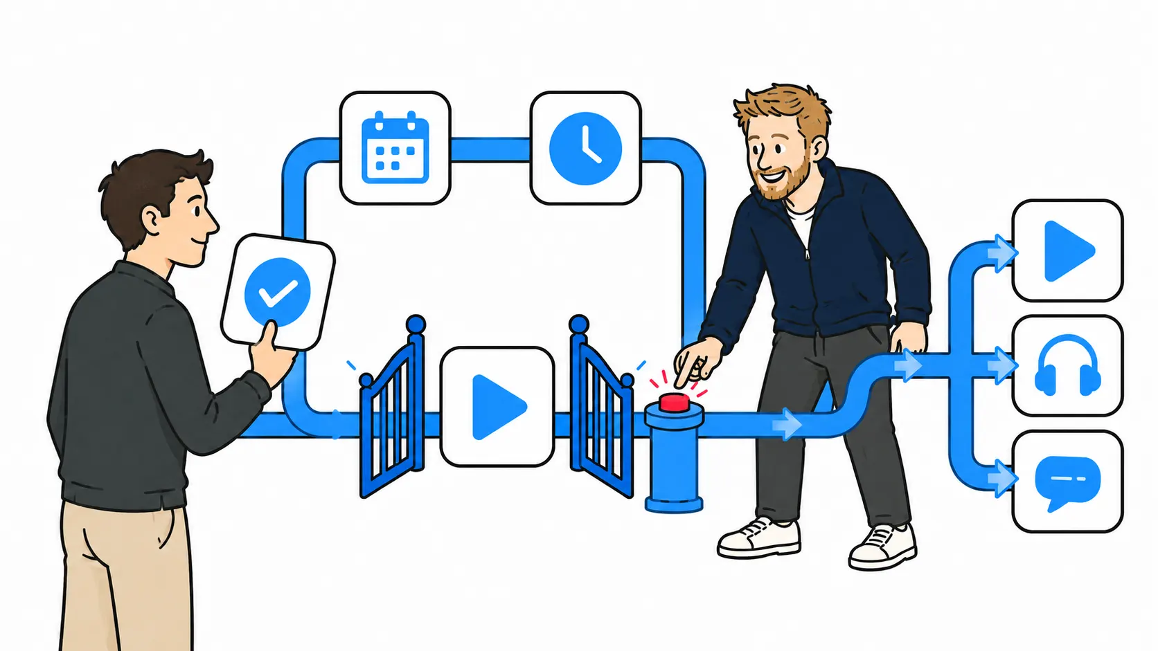 Jesse en een opdrachtgever geven een podcastaflevering vrij voor publicatie.